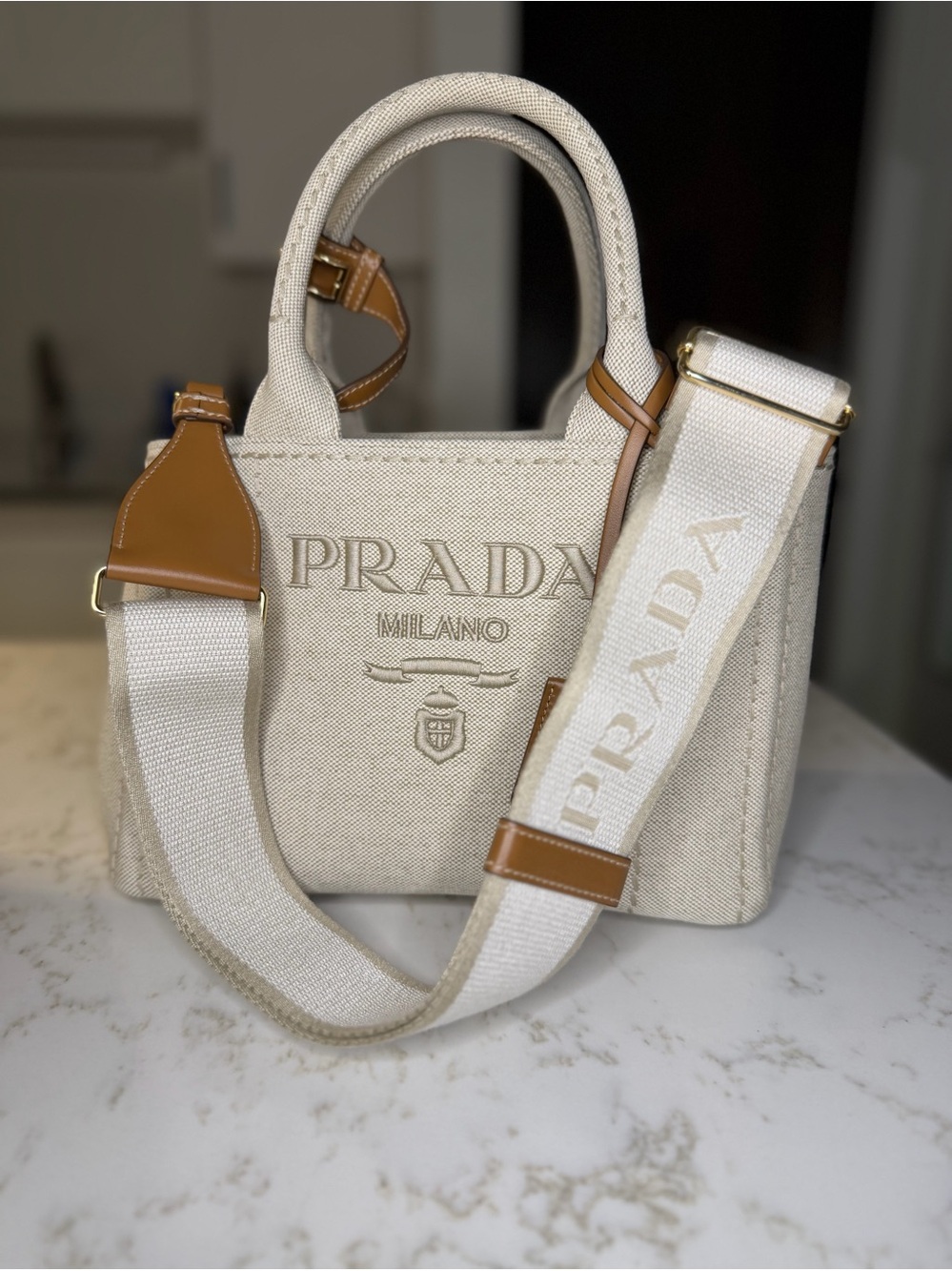 NWT New Prada Cream Jardinière small cotton linen canvas purse tote leather trim